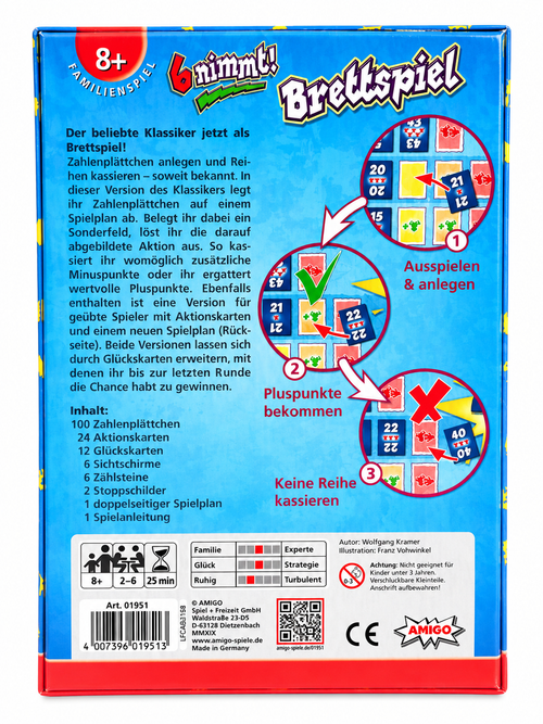 6 nimmt! Brettspiel von AMIGO – Rückseite des Familienspiels ab 8 Jahren