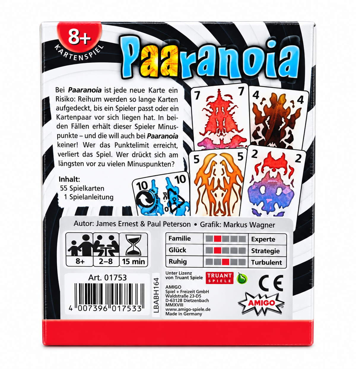 Rückseite des Amigo Paaranoia Kartenspiels mit Spielbeschreibung, 55 Spielkarten und Spielanleitung