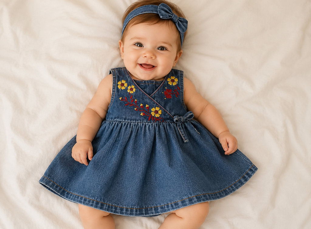 Fröhliches Baby trägt ein blaues Guess Jeanskleid mit farbenfroher Blumenstickerei und Schleife auf hellem Hintergrund. Stylisches Babykleid in Größe 62/68 mit verspieltem Denim-Look.