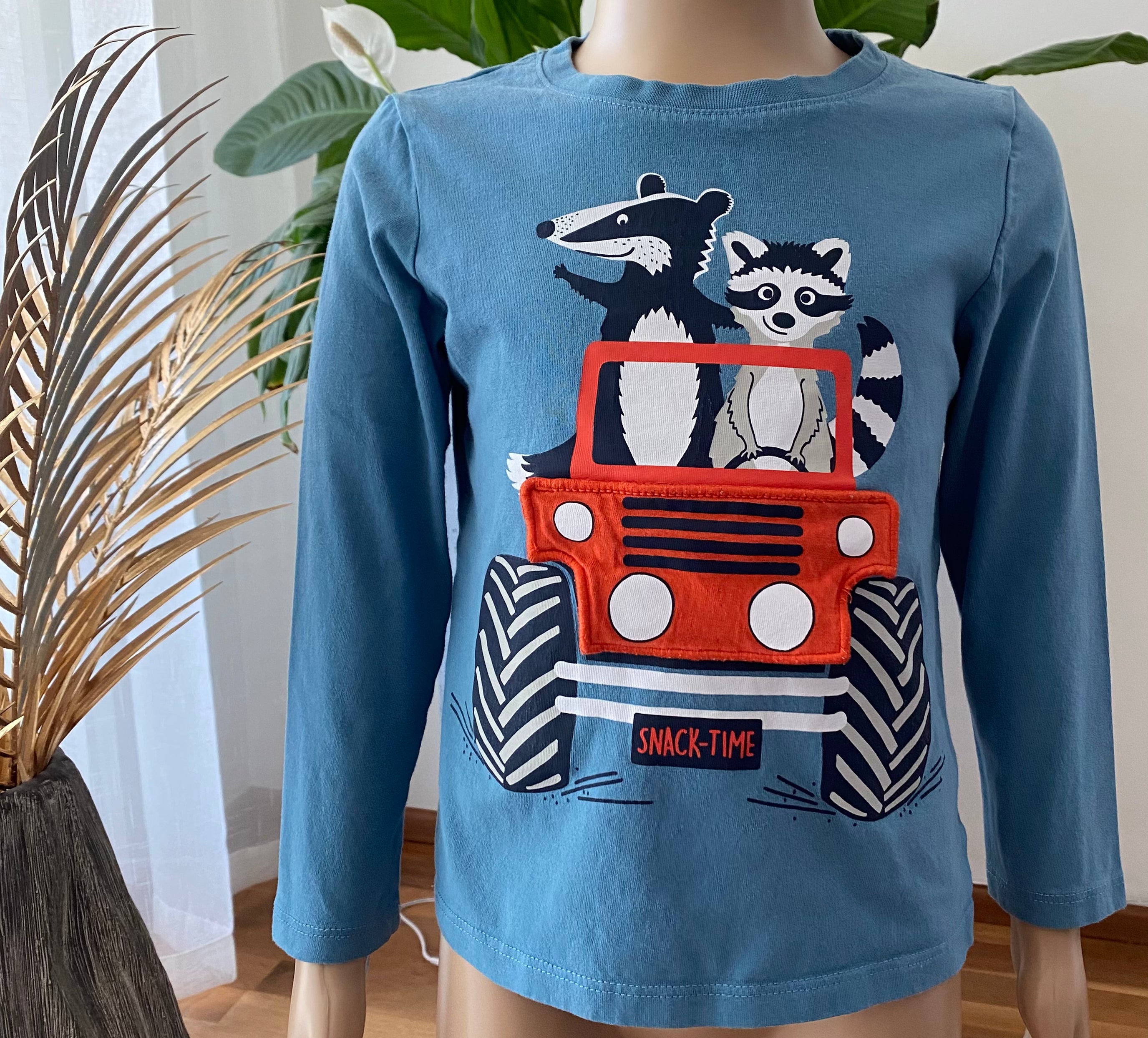 C&A Jungen Langarmshirt Größe 104 blau mit Tiermotiv Auto Waschbär Dachs vorne Gesamtansicht