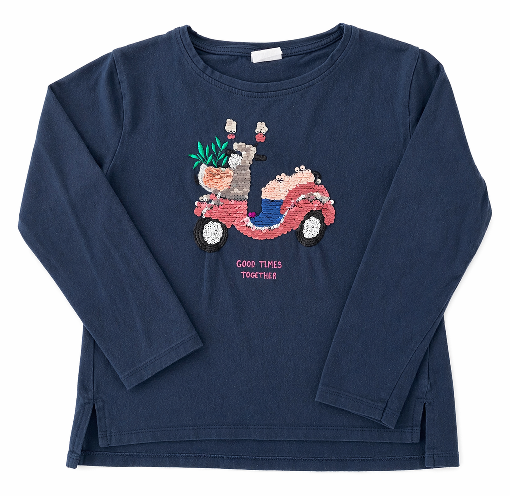 Zara Mädchen LA Shirt dunkelblau mit Pailletten Gr. 128 - gut