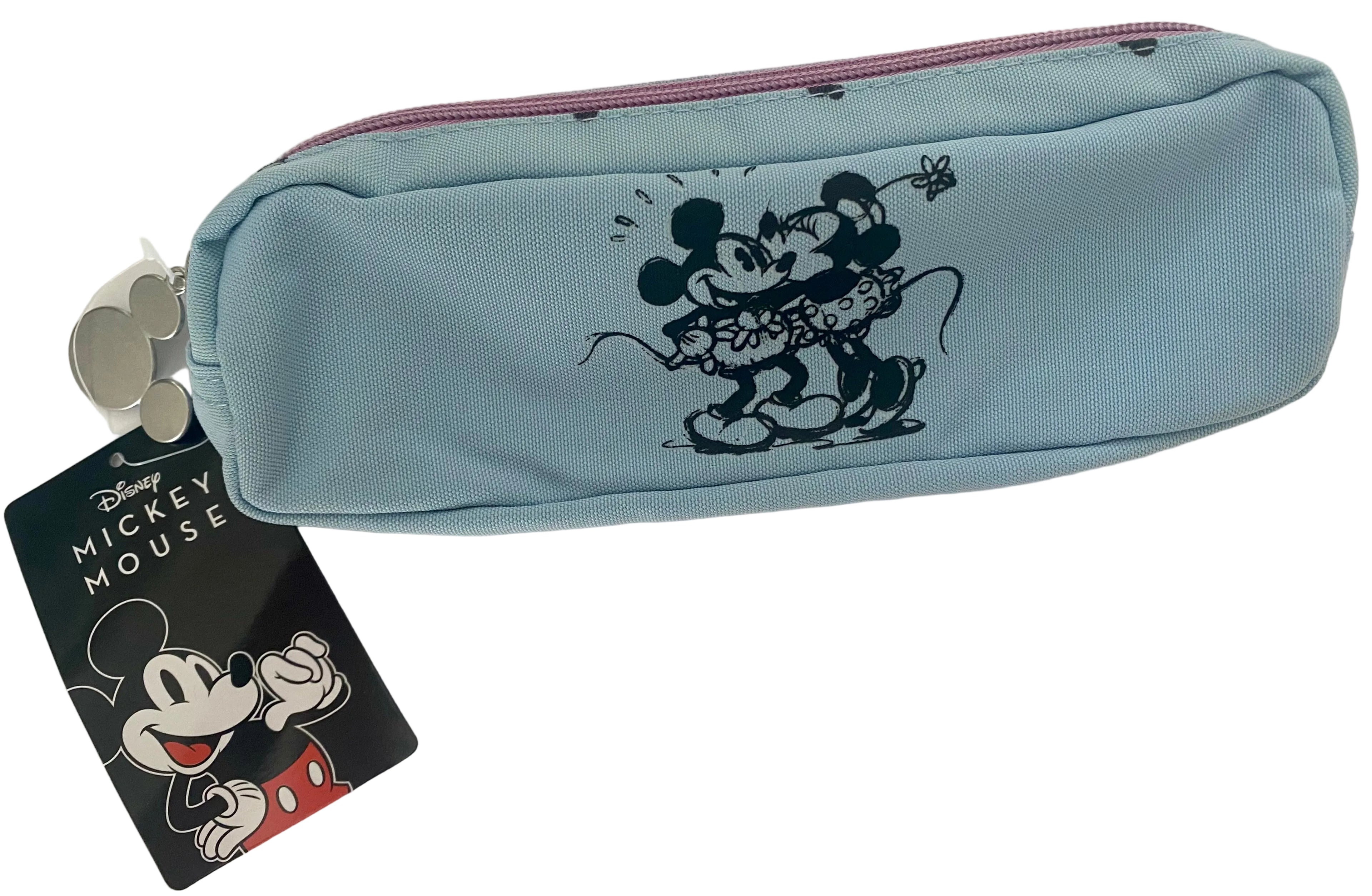 Hellblaues Disney Mickey & Minnie Mouse Mäppchen mit rosa Reißverschluss und Mickey-Mouse-Anhänger Vorderseite