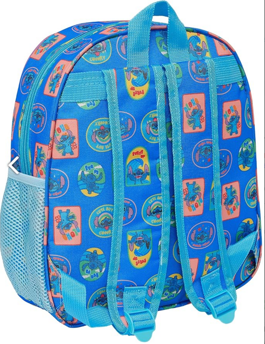 Rückansicht des blauen Disney Stitch Kinderrucksacks mit verstellbaren Schultergurten