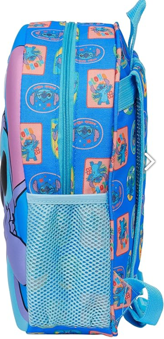 Seitliche Ansicht des Disney Stitch Kinderrucksacks mit praktischem Netzfach
