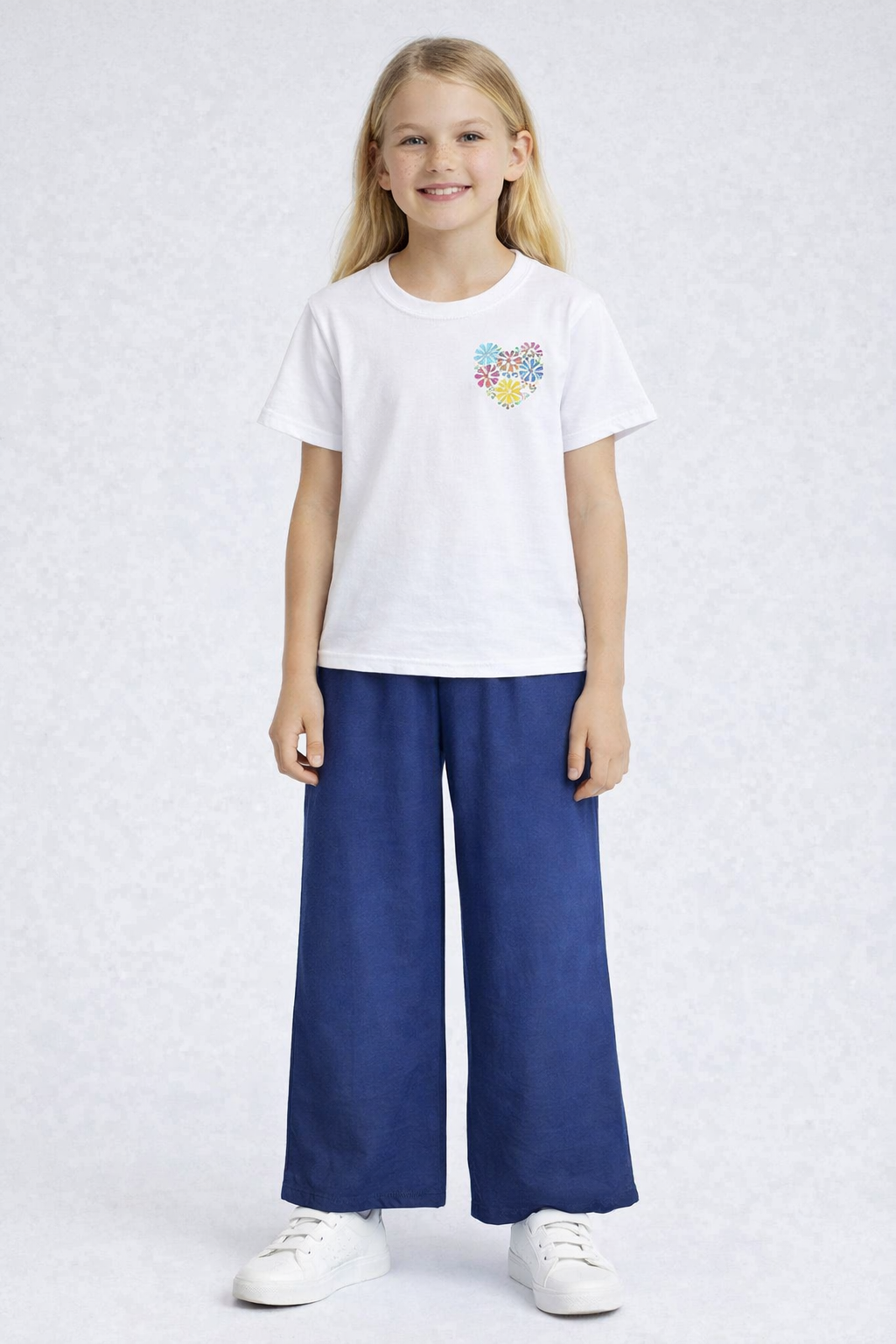 Mädchen trägt blaue Culotte Hose mit weitem Bein und elastischem Bund kombiniert mit weißem T-Shirt und Sneakern Kinder Outfit