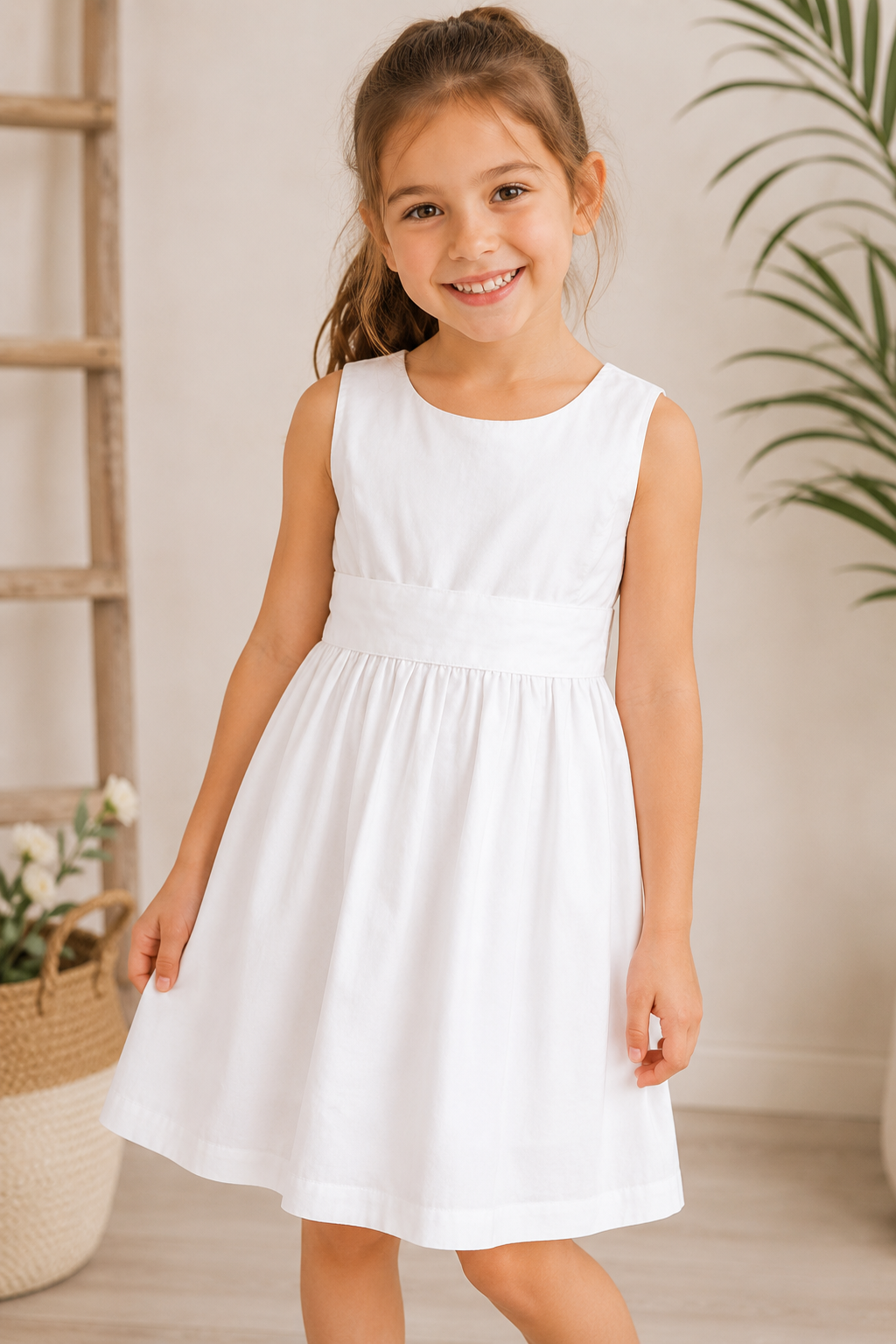 Lächelndes Mädchen trägt ein elegantes weißes Kleid in heller, stilvoller Umgebung mit natürlicher Sommeratmosphäre.