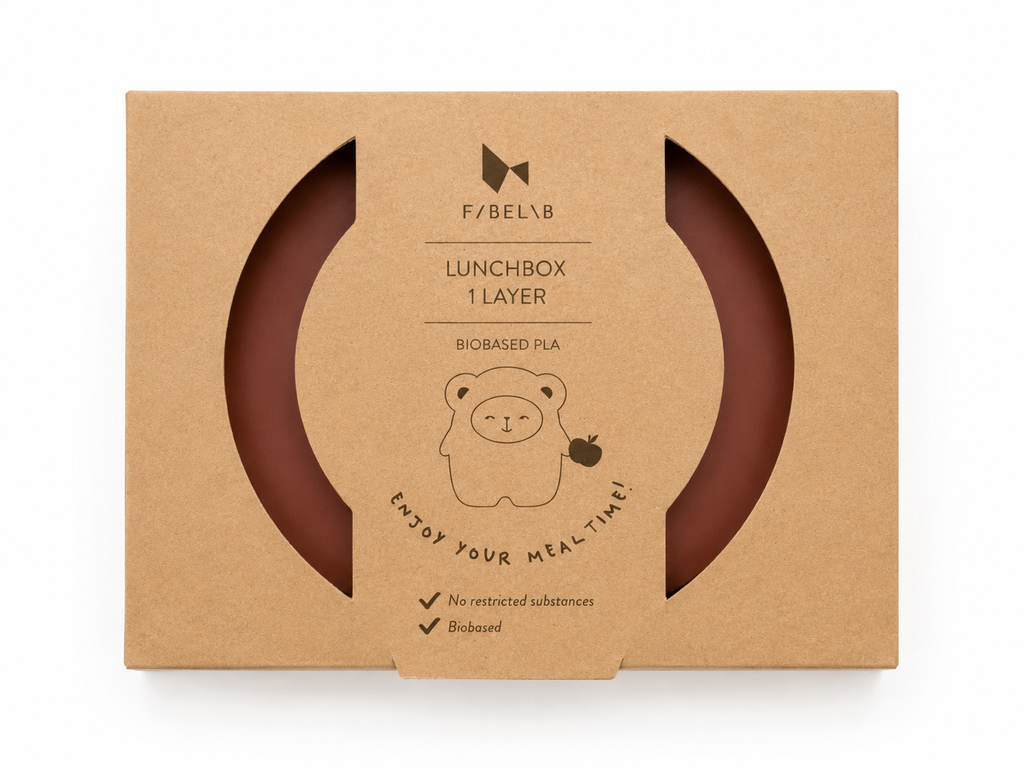 Nachhaltige F/Belib Lunchbox 1 Layer aus biobasiertem PLA in Terrakotta in umweltfreundlicher Kraftpapier-Verpackung mit Sichtfenstern.