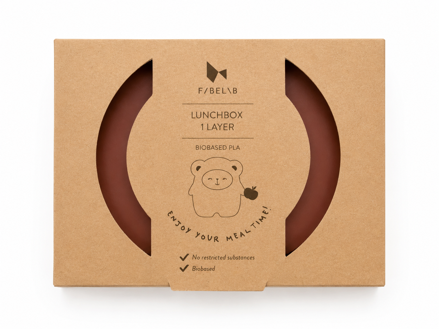 Nachhaltige F/Belib Lunchbox 1 Layer aus biobasiertem PLA in Terrakotta in umweltfreundlicher Kraftpapier-Verpackung mit Sichtfenstern.