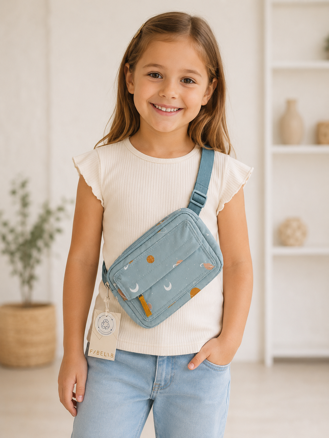 Seitliche Detailaufnahme der Fabelab Kinder-Bauchtasche in Hellblau mit Weltraum-Motiv, verstellbarem Gurt und Logo aus recyceltem Polyester. V