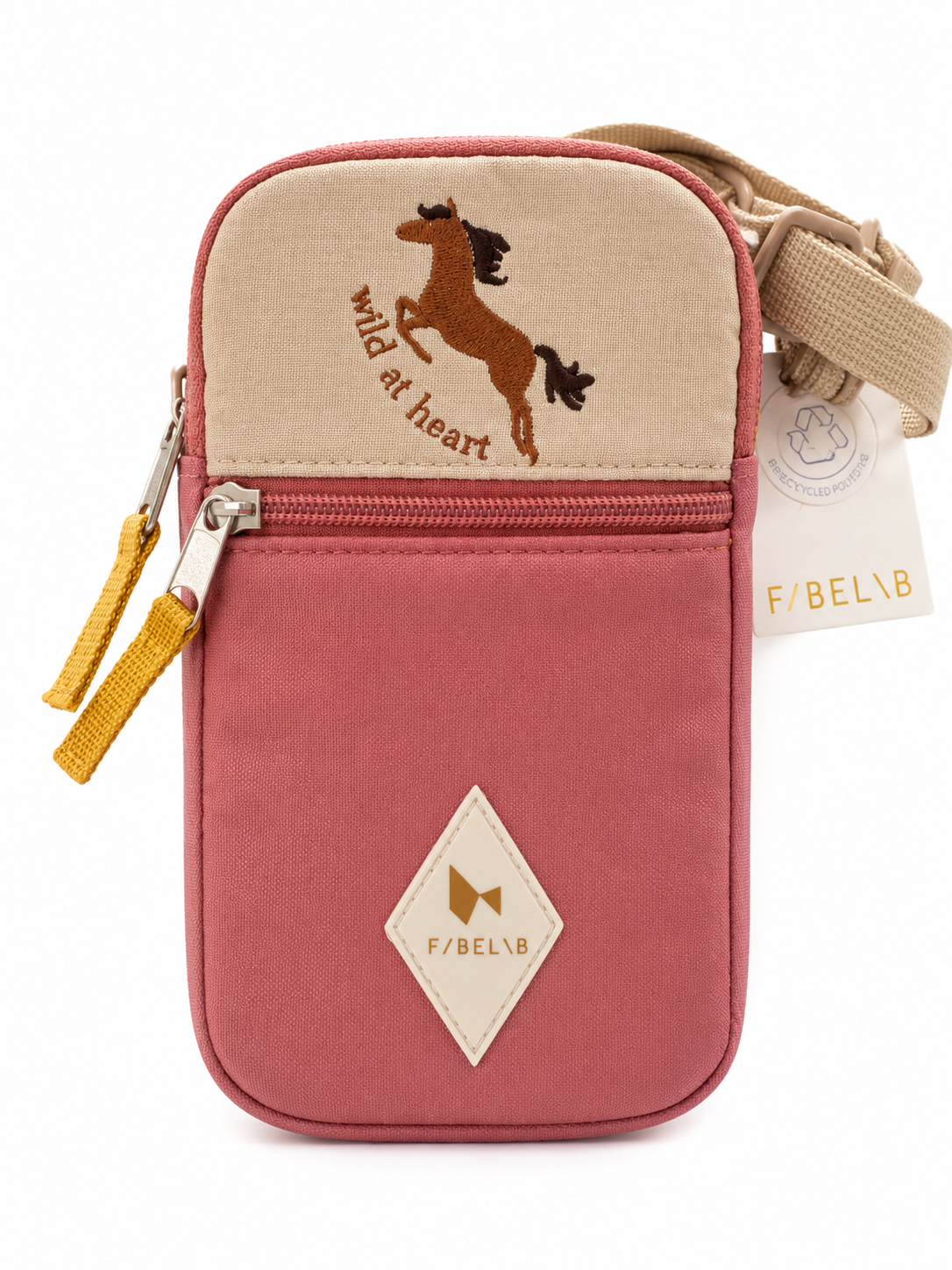 Fabelab Mini-Umhängetasche Wild at Heart in Rosa mit Pferde-Stickerei aus recyceltem Polyester – Nahansicht