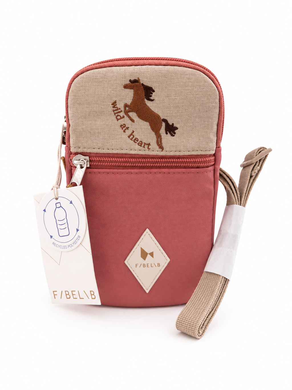 Fabelab Mini-Umhängetasche Wild at Heart in Rosa mit Pferde-Stickerei aus recyceltem Polyester – Vorderansicht