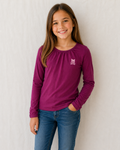Fashion Addict Mädchen Langarmshirt beere Größe 146 152 vorne mit kleinem Motiv Katze