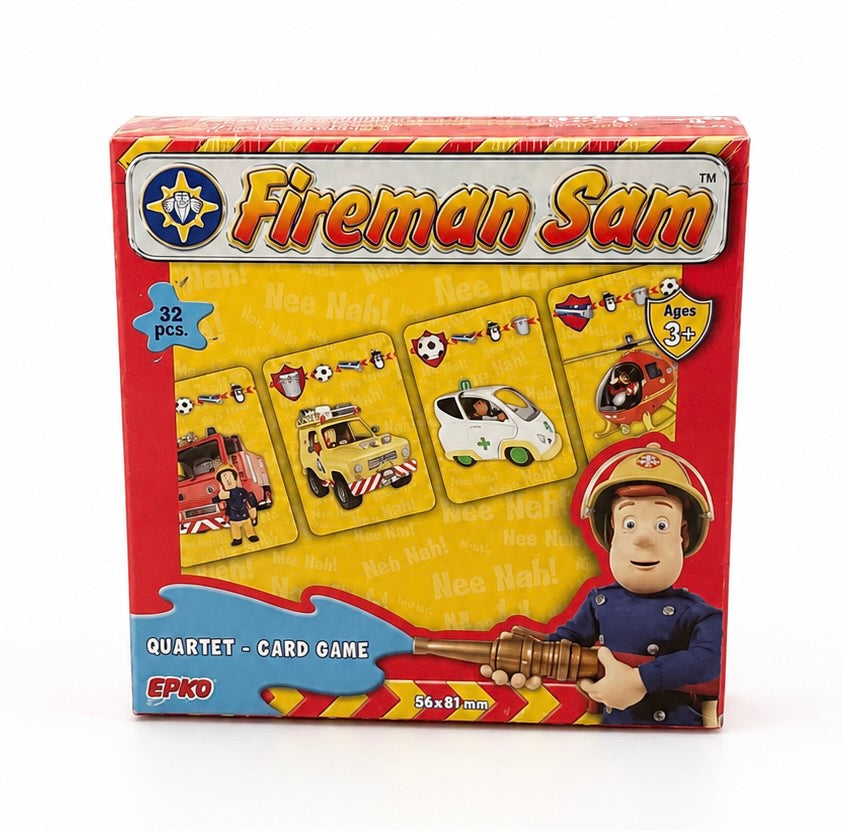 Feuerwehrmann Sam Quartett Kartenspiel mit 32 Karten in Originalverpackung auf weißem Hintergrund
