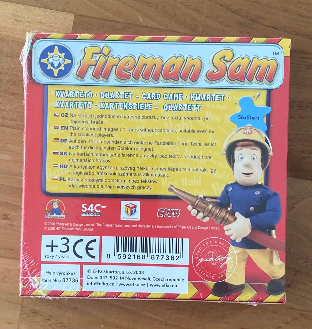 Rückseite des Feuerwehrmann Sam Quartett Kartenspiels mit Hersteller- und Produktinformationen