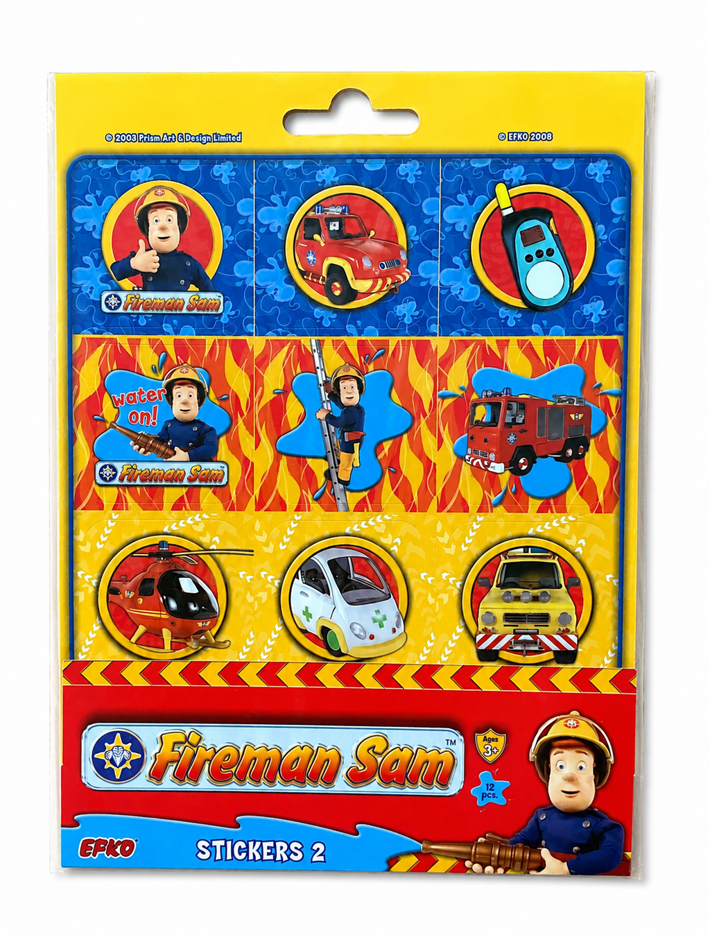 Feuerwehrmann Sam Stickerbogen mit 12 bunten Stickern auf weißem Hintergrund. Enthält Feuerwehrmann Sam, Feuerwehrauto, Funkgerät, Leiter, Hubschrauber, Krankenwagen und weitere Rettungsfahrzeug-Motive für Kinder ab 3 Jahren.