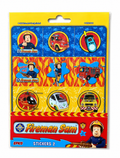 Feuerwehrmann Sam Stickerbogen mit 12 bunten Stickern auf weißem Hintergrund. Enthält Feuerwehrmann Sam, Feuerwehrauto, Funkgerät, Leiter, Hubschrauber, Krankenwagen und weitere Rettungsfahrzeug-Motive für Kinder ab 3 Jahren.