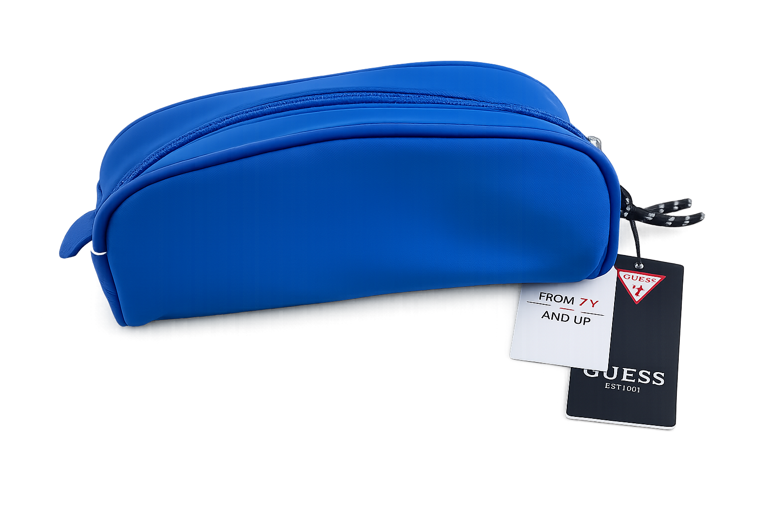 Blaues GUESS Federmäppchen mit großem Dreieckslogo und Reißverschluss, neu mit Originaletikett. Rückseite.