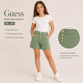 Guess Mädchen Shorts Größe 140 in Salbeigrün, neu mit Etikett, hochwertige Sommer-Shorts mit goldfarbenen Knöpfen und klassischem 5-Pocket-Design.