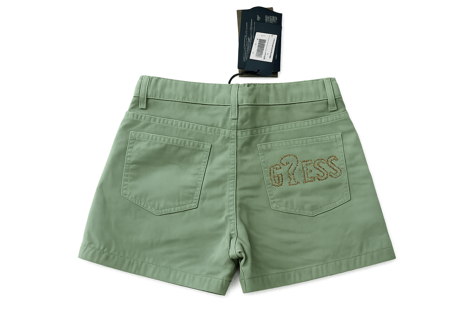 Guess Mädchen Shorts Größe 140 in Salbeigrün, neu mit Etikett, hochwertige Sommer-Shorts mit goldfarbenen Knöpfen und klassischem 5-Pocket-Design. Rückseite