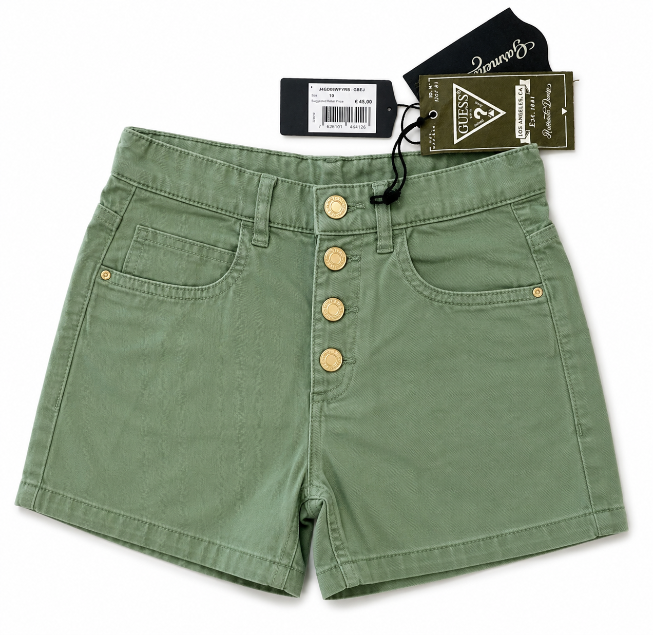 Guess Mädchen Shorts Größe 140 in Salbeigrün, neu mit Etikett, hochwertige Sommer-Shorts mit goldfarbenen Knöpfen und klassischem 5-Pocket-Design. Vorderseite
