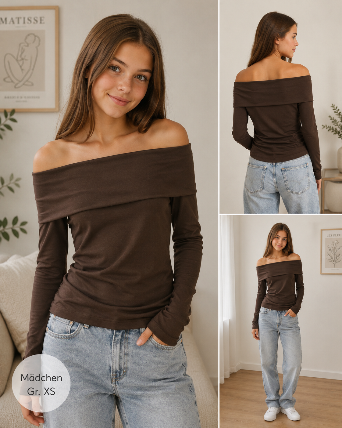 Braunes H&M Off-Shoulder Langarmshirt in Größe XS getragen