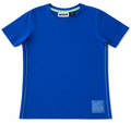 Blaues Kinder T-Shirt von Pocopiano aus Baumwolle, kurzarm mit Rundhalsausschnitt, grüner Ziernaht an den Seiten und Surfing Patch am Saum