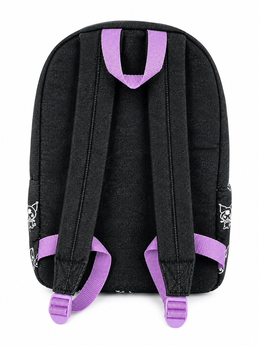 Rückansicht des schwarzen Kuromi Rucksacks mit gepolsterten Schulterträgern und lilafarbenen Details