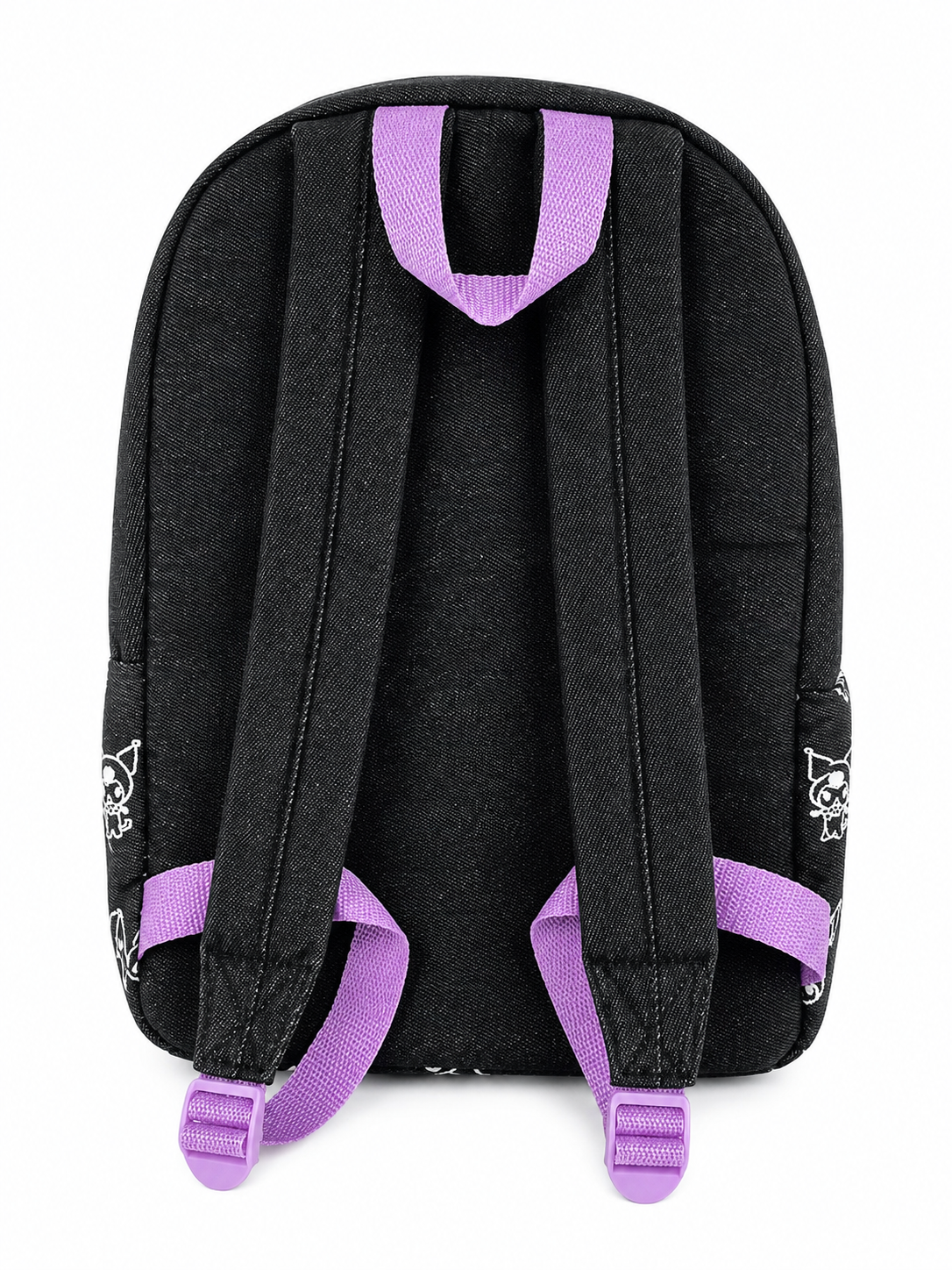 Rückansicht des schwarzen Kuromi Rucksacks mit gepolsterten Schulterträgern und lilafarbenen Details