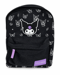 Schwarzer Kuromi Rucksack mit großem Kuromi Motiv, Allover-Muster und lilafarbener Fronttasche