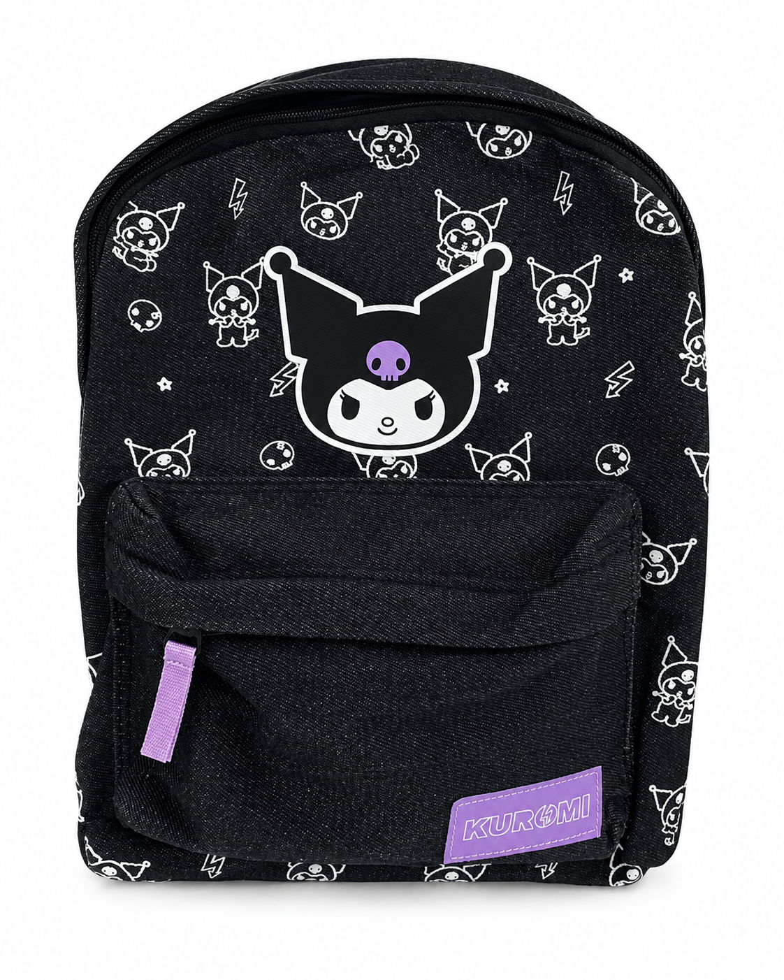Schwarzer Kuromi Rucksack mit großem Kuromi Motiv, Allover-Muster und lilafarbener Fronttasche