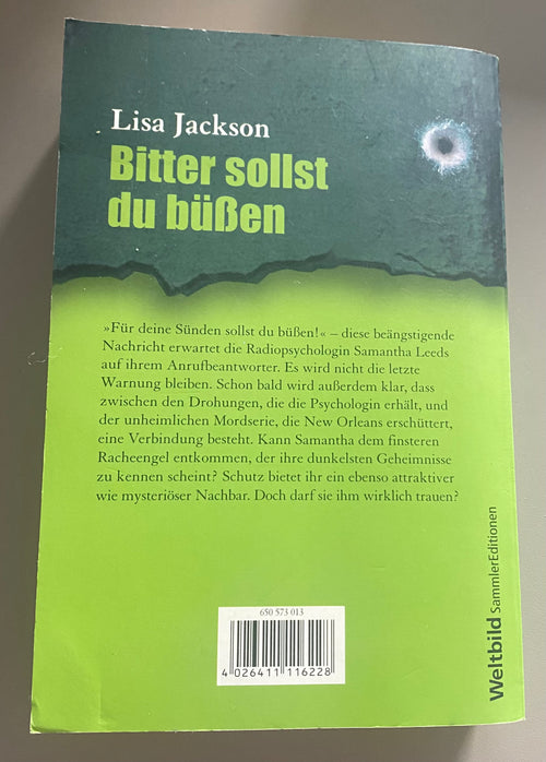 Lisa Jackson Bitter sollst du büßen Taschenbuch Lady Thriller gebraucht mit grün-schwarzem Cover und roten On-Air-Schriftzug Rückseite