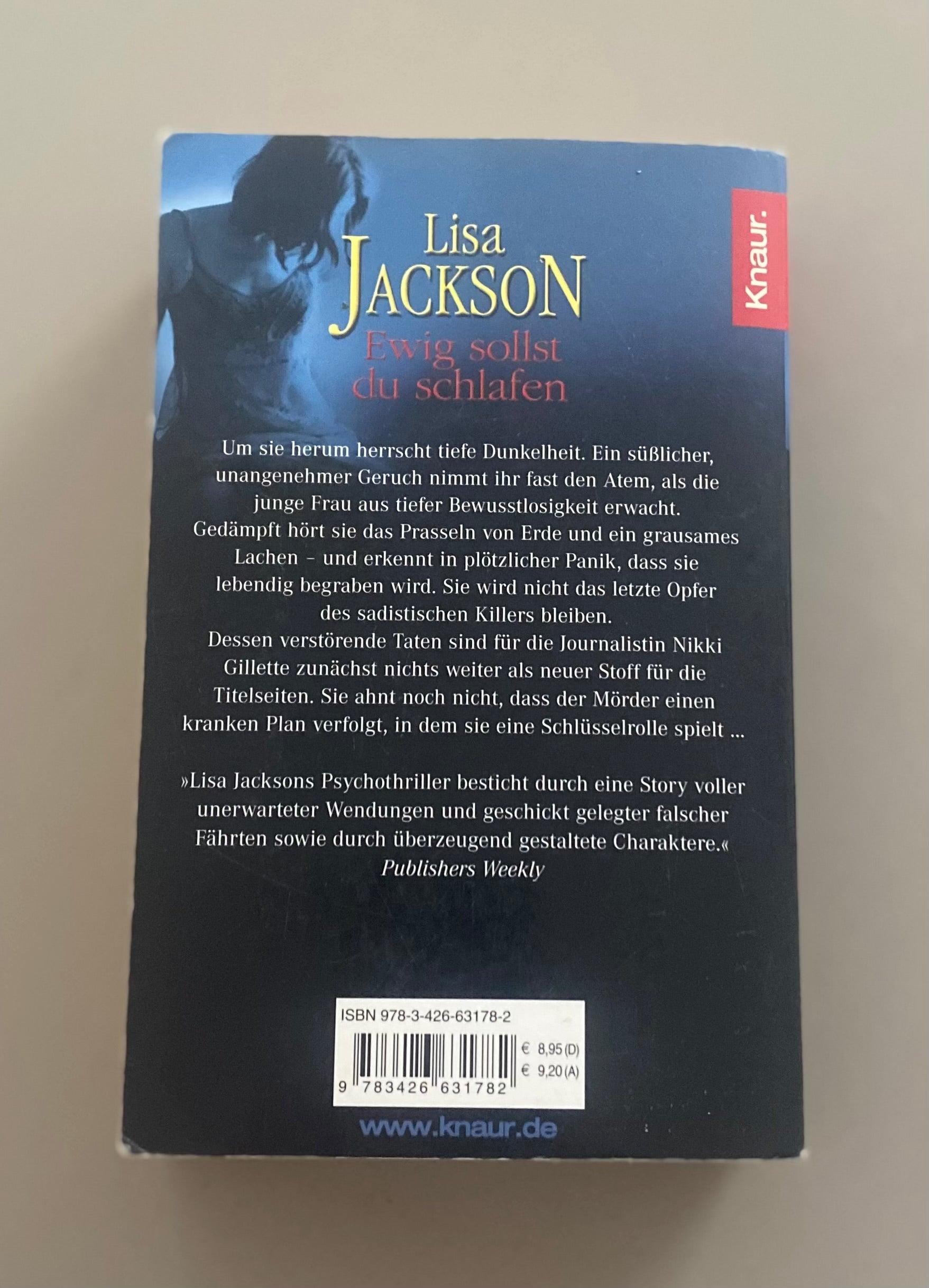 Taschenbuch „Ewig sollst du schlafen“ von Lisa Jackson, Knaur Verlag, spannender Psychothriller in sehr gutem gebrauchten Zustand. Rückseite