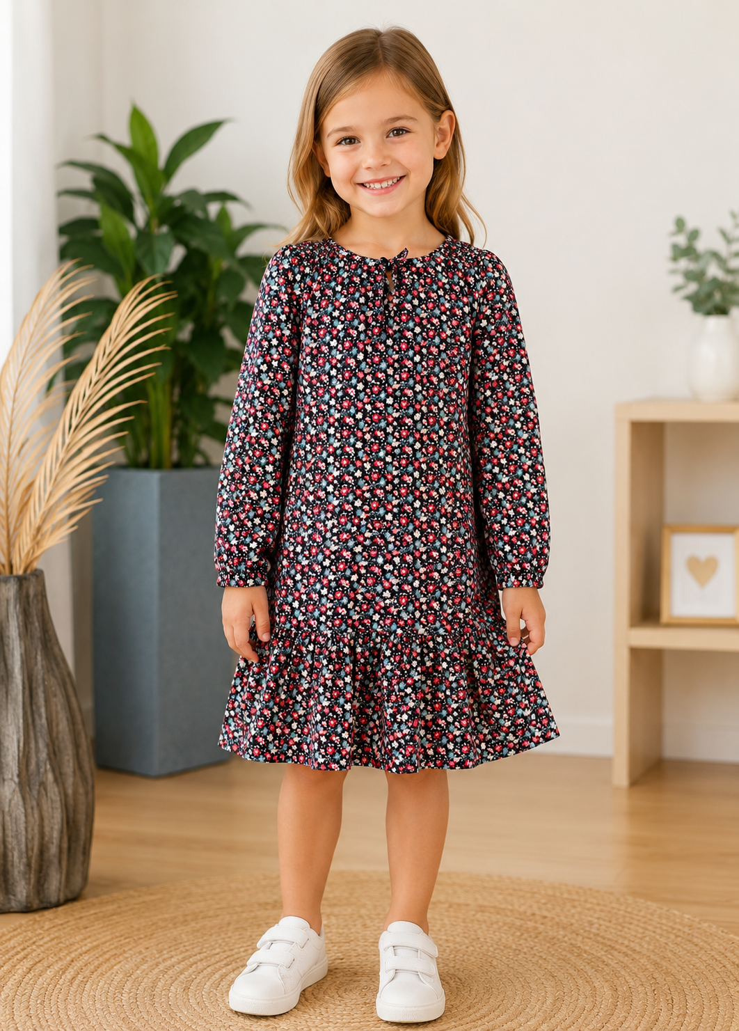 Heidi Langärmeliges Mädchenkleid mit floralem Muster getragen