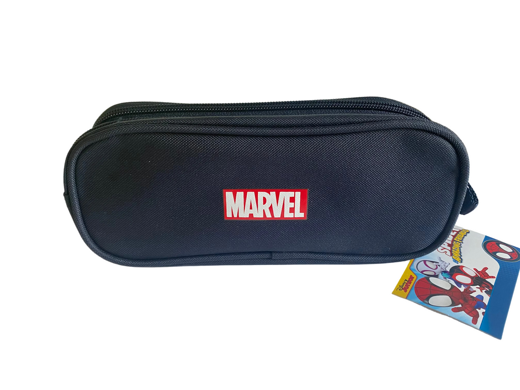 Dunkelblaues Marvel Spider-Man Federmäppchen mit buntem Versus-Motiv und mehreren Spider-Man Figuren. Rückansicht