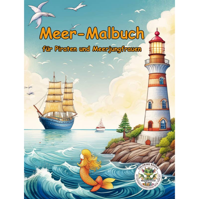 Cover des Kinder-Malbuchs „Meer-Malbuch für Piraten und Meerjungfrauen“ mit Leuchtturm, Segelschiff, Meerjungfrau, Wellen und Möwen – kreatives Ausmalbuch für Kinder.