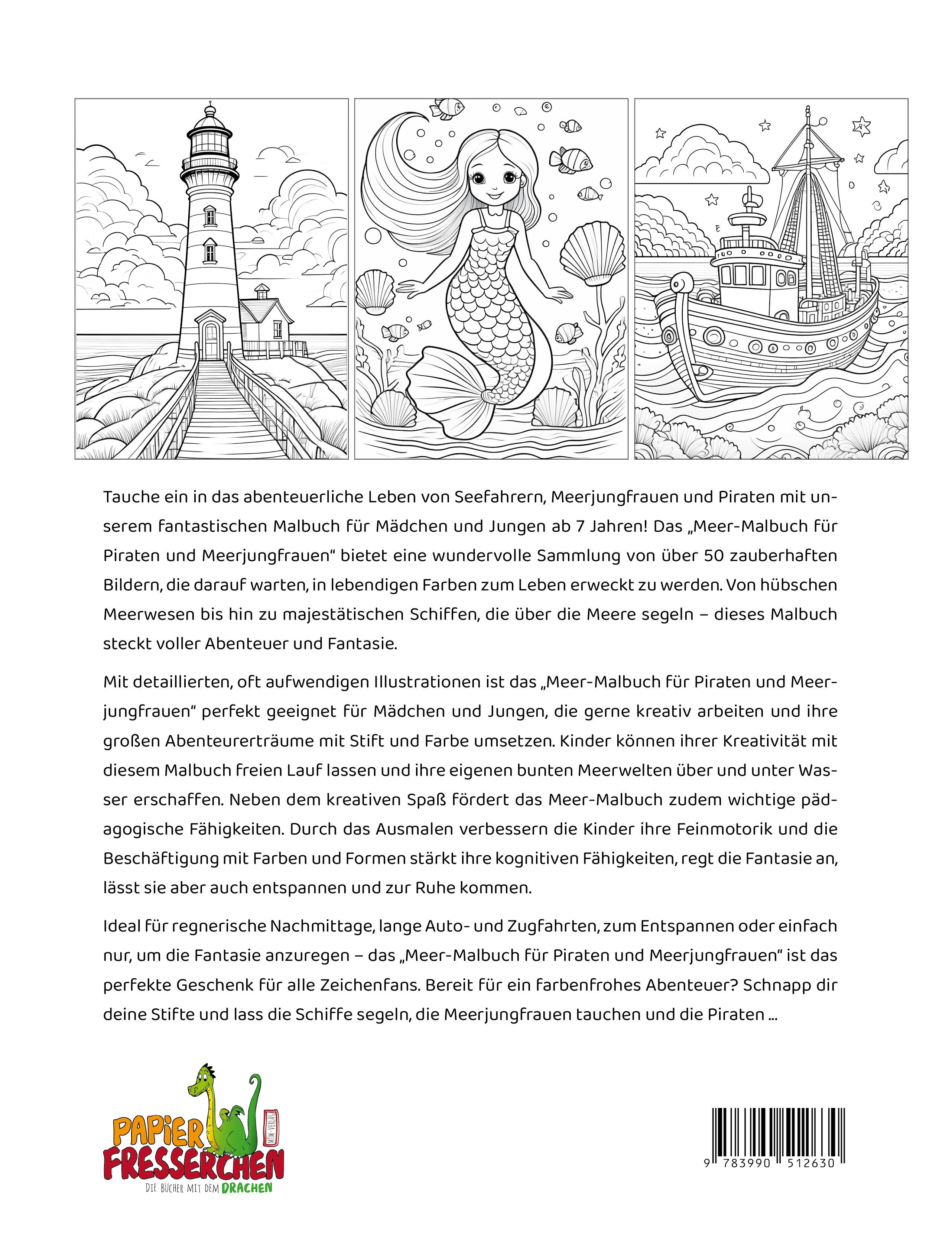 Rückseite des Kinder-Malbuchs „Meer-Malbuch für Piraten und Meerjungfrauen“ mit Beispiel-Ausmalbildern von Leuchtturm, Meerjungfrau und Schiff sowie Produktbeschreibung und Barcode.