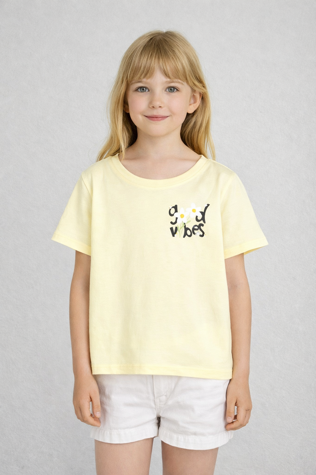 Mädchen trägt gelbes Mini Mignon Paris T-Shirt mit Good Vibes Blumenprint, Kinder Sommer Shirt kurzarm