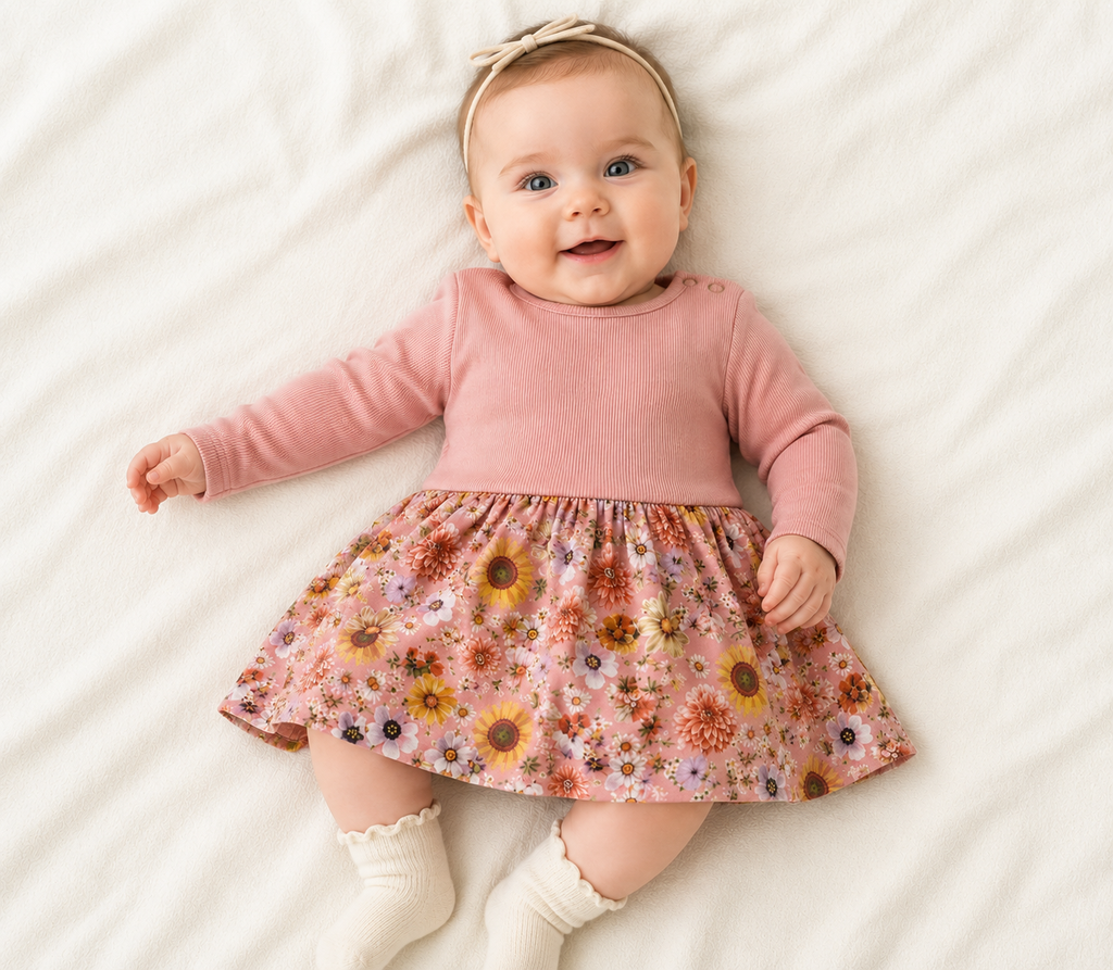Molo Babykleid Mottled Light Pink Größe 68 mit geblümtem Muster und Rundhalsausschnitt.
