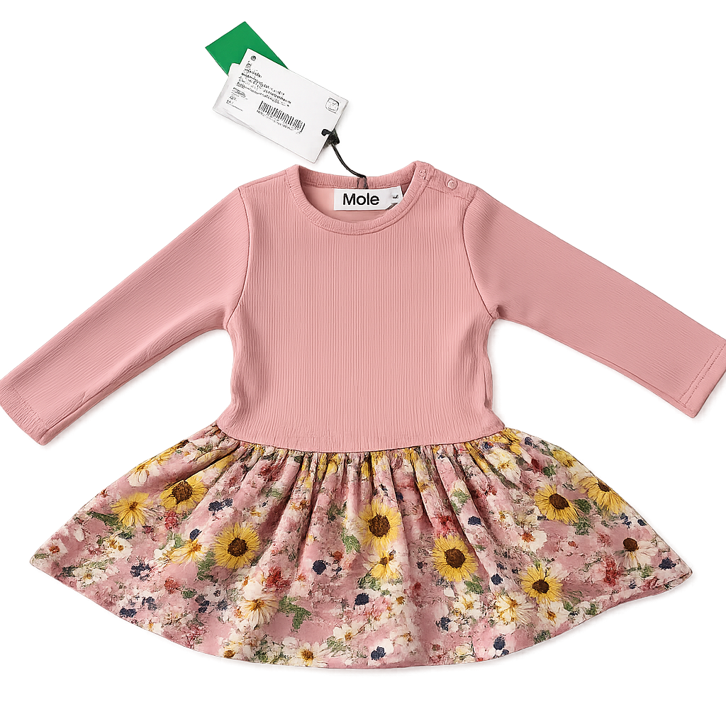 Molo Babykleid Mottled Light Pink Größe 68 mit geblümtem Muster und Rundhalsausschnitt. Vorderseite