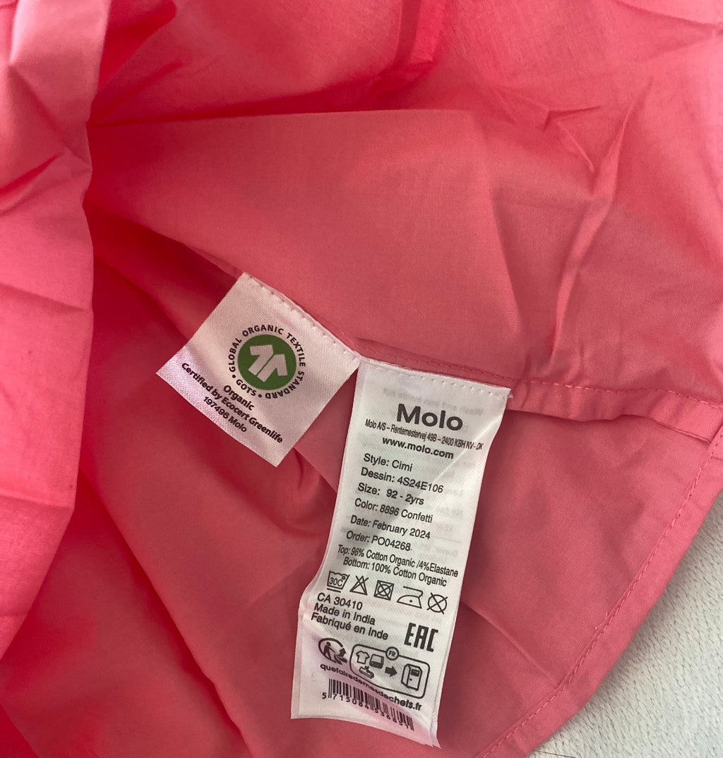 Molo Mädchenkleid rosa Größe 92 neu mit Etikett aus Bio-Baumwolle mit Rüschenärmeln und schwingendem Rock. Etikett