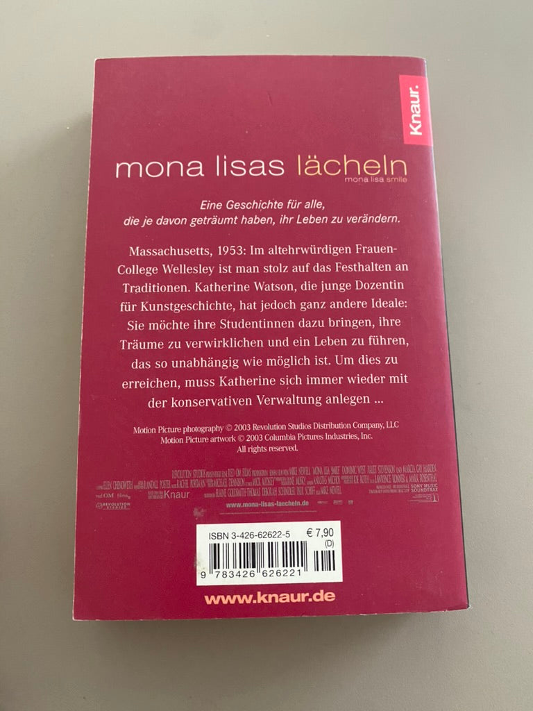 Taschenbuch Mona Lisas Lächeln von Deborah Chiel, Roman zum Film mit Julia Roberts, Knaur Verlag, sehr guter gebrauchter Zustand. Rückseite