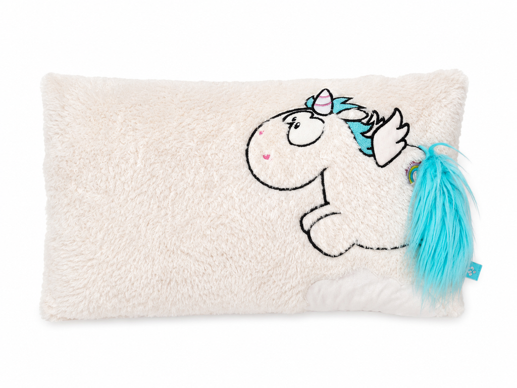 Original NICI Einhorn Kuschelkissen aus cremefarbenem Plüsch mit türkisfarbener Mähne
