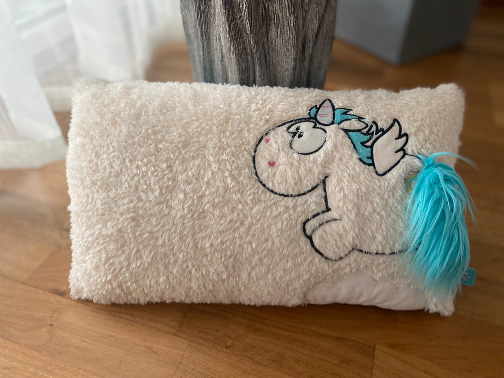 Original NICI Einhorn Kuschelkissen aus cremefarbenem Plüsch mit türkisfarbener Mähne
Vorderseite