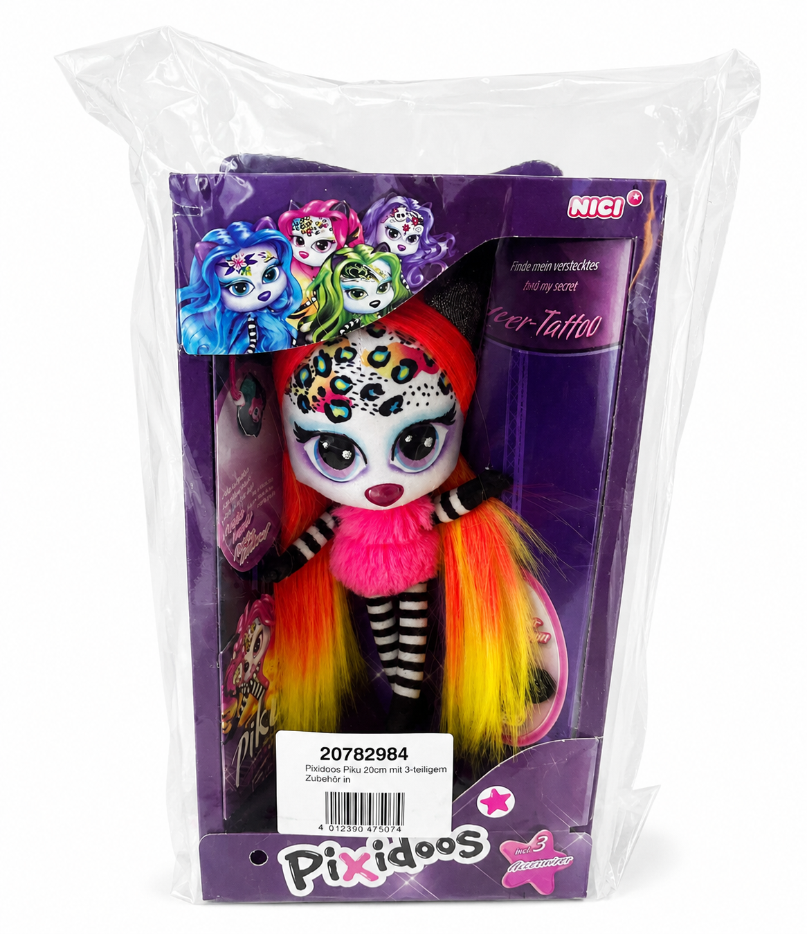 NICI Pixidoos Piku Plüschtier in Originalverpackung auf weißem Hintergrund. Bunte Sammelfigur mit großen Augen, neonfarbenen Haaren und 3-teiligem Zubehörset. Ideal für Kinder und Sammler.