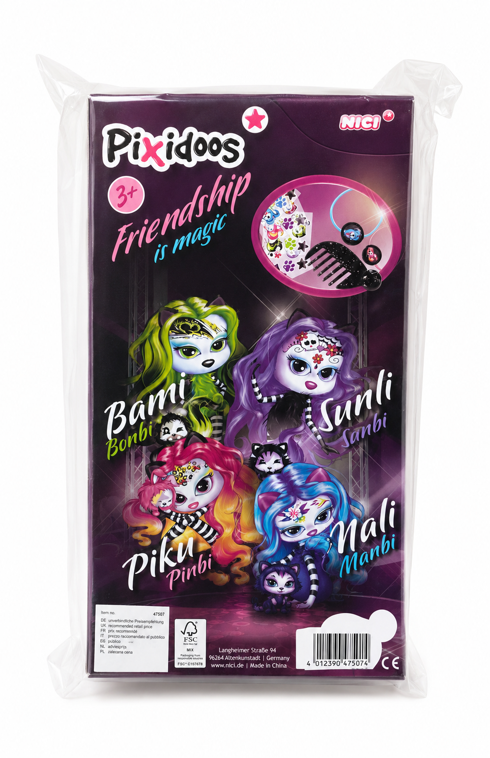 NICI Pixidoos Piku Plüschtier in Originalverpackung auf weißem Hintergrund. Bunte Sammelfigur mit großen Augen, neonfarbenen Haaren und 3-teiligem Zubehörset. Ideal für Kinder und Sammler. Rückseite