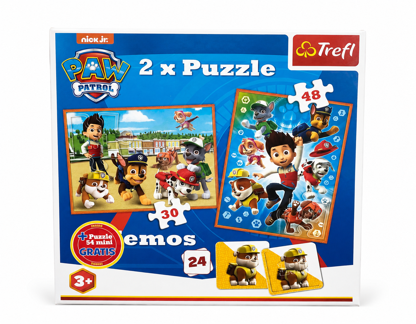 Paw Patrol Kinderpuzzle in Originalverpackung auf Holztisch dekorativ präsentiert