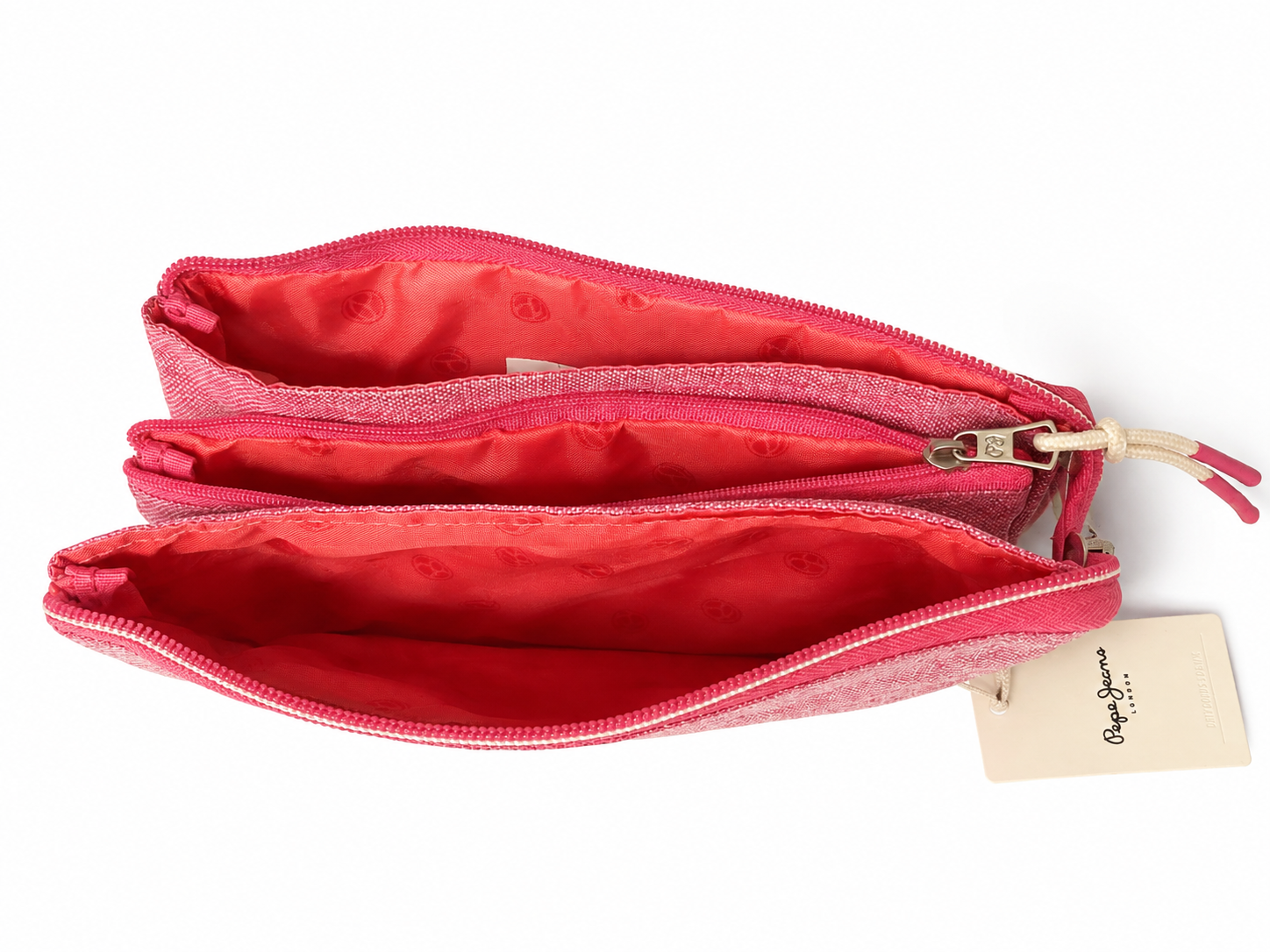 Geöffnete rosa Pepe Jeans London Kosmetiktasche mit drei separaten Fächern und rosafarbenem Innenfutter