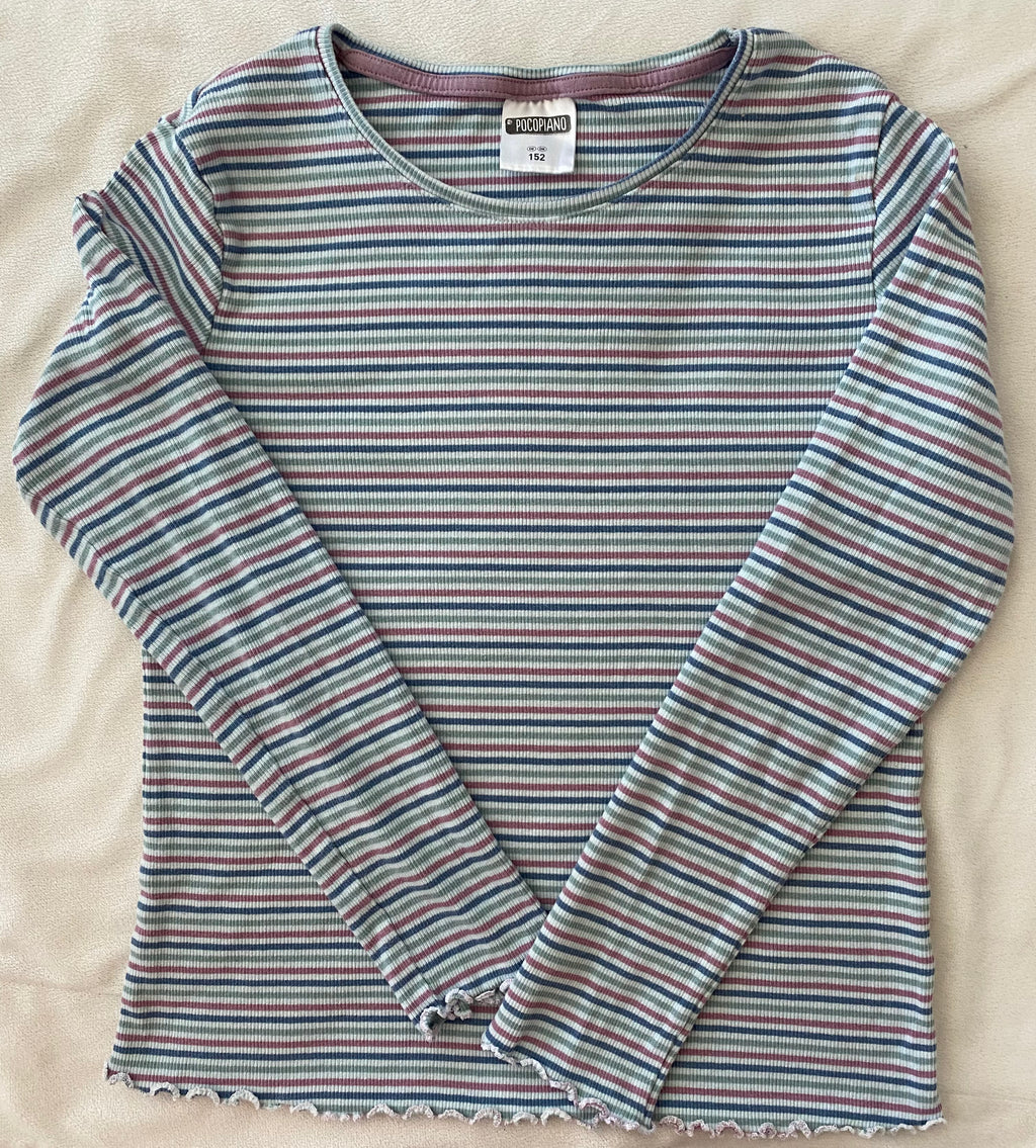 Pocopiano Mädchen Langarmshirt Größe 152 bunt gestreift Rippstoff mit Wellenabschluss vorne