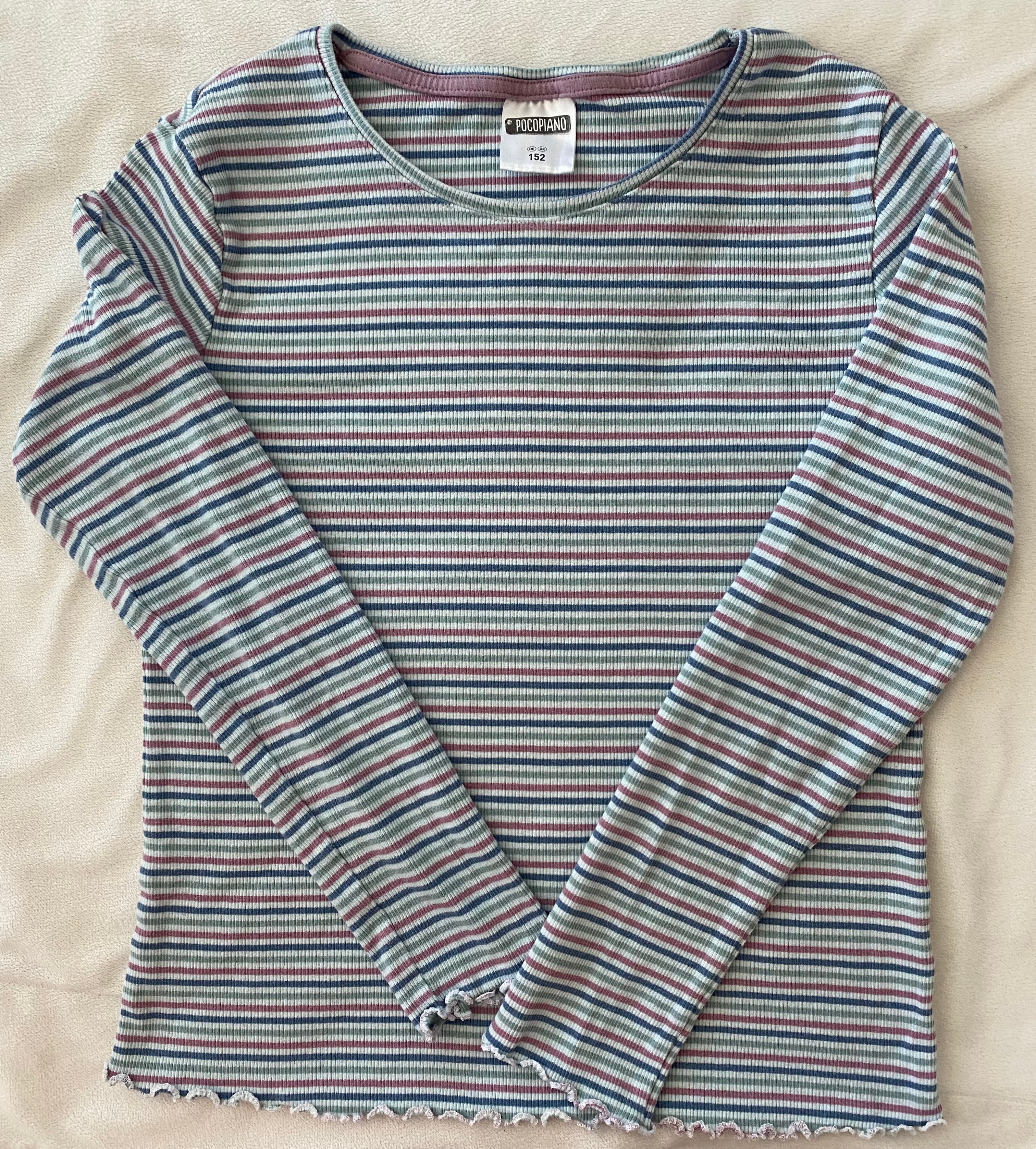 Pocopiano Mädchen Langarmshirt Größe 152 bunt gestreift Rippstoff mit Wellenabschluss vorne