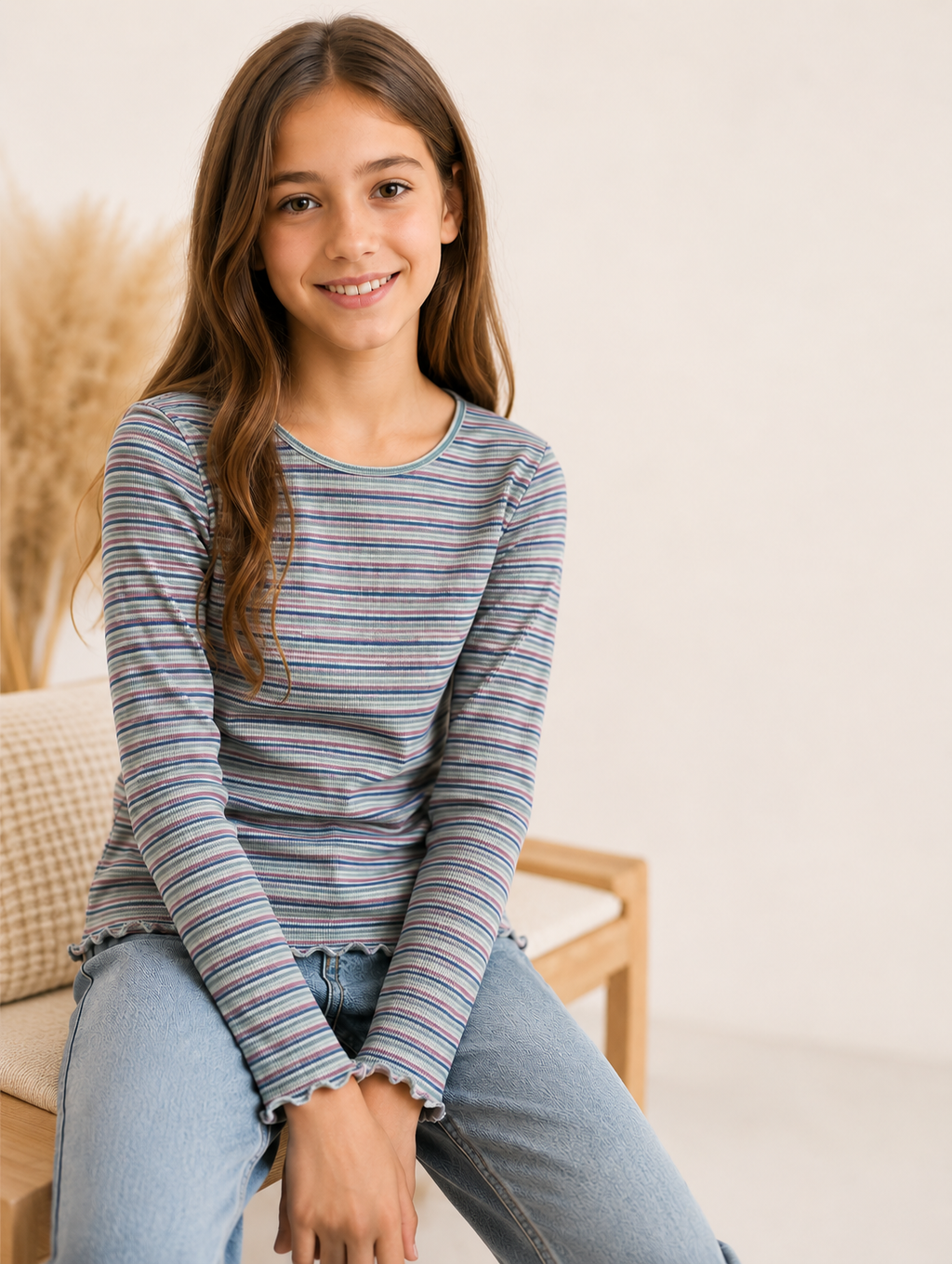 Pocopiano Mädchen Langarmshirt Größe 152 bunt gestreift Rippstoff mit Wellenabschluss vorne